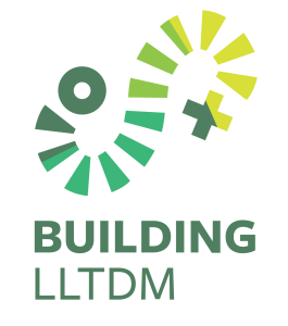 Building LLTDM Logo (swirl of blocks going from green to yellow, beginning with a circle symbol and ending with a plus symbol)